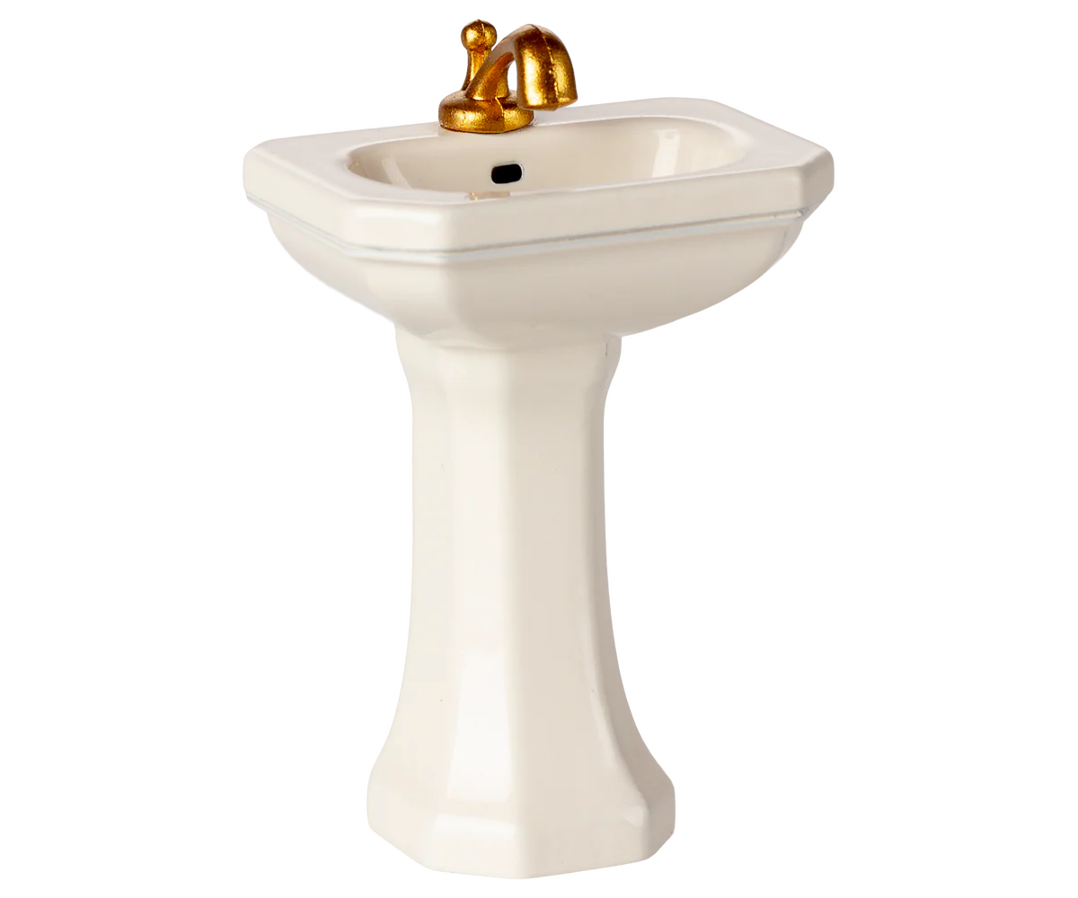 Lavabo blanco con grifo dorado en miniatura Maileg