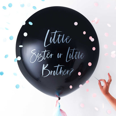 L Balloon Reveal Sister Brother printed inflated with helium