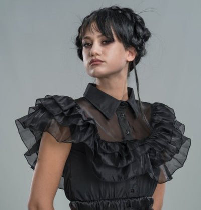 Disfraz adulto vestido volantes Miércoles Addams con cinturón