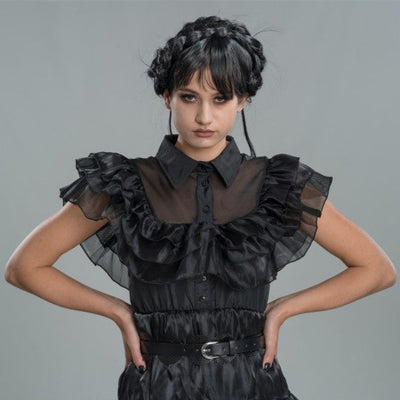 Disfraz adulto vestido volantes Miércoles Addams con cinturón