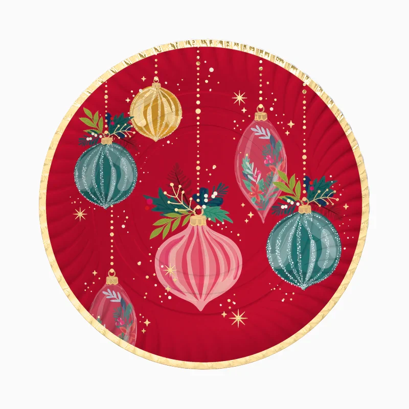 Round red cardboard tray with decorations / 2 pcs.