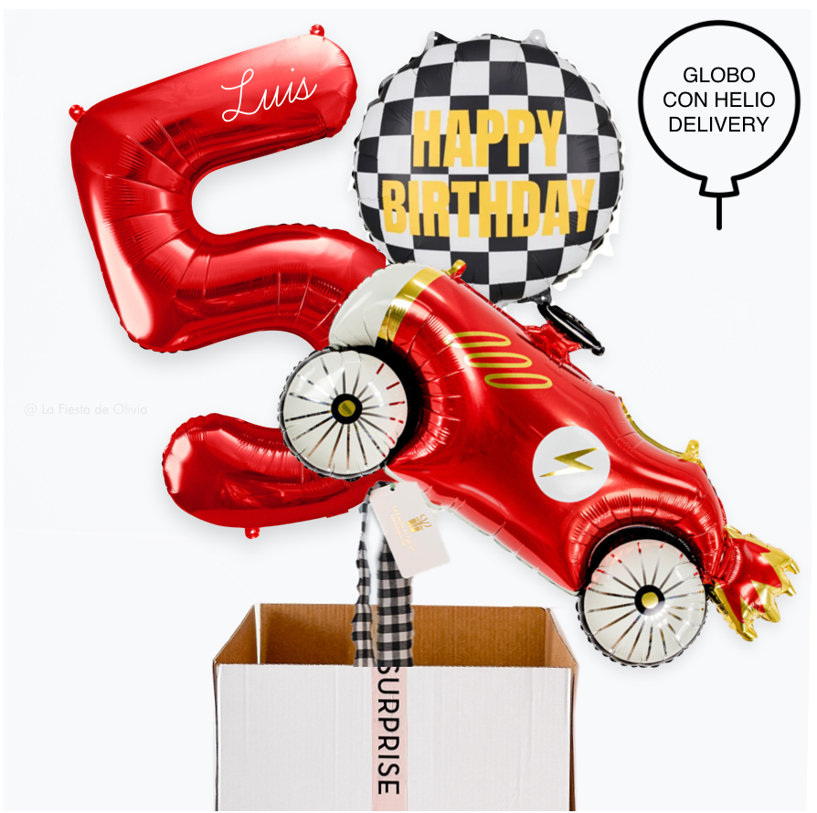 Bouquet of inflated balloons for a birthday, racing car