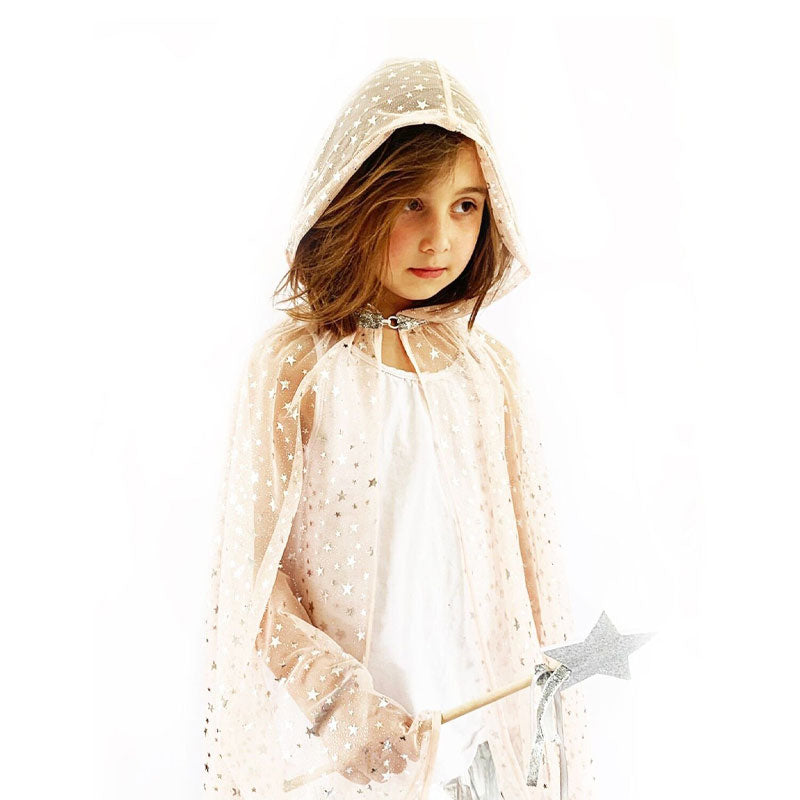 Pink tulle cape with hood and silver stars