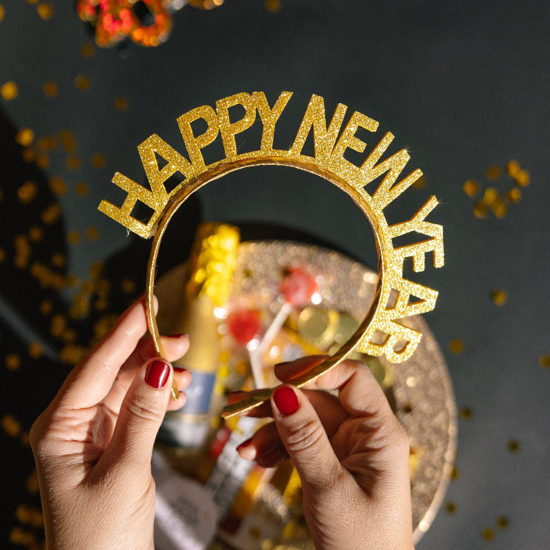 Diadema Happy New Year basic  glitter dorado