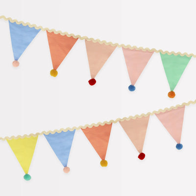 Multicolored fabric bunting garland with pom pom