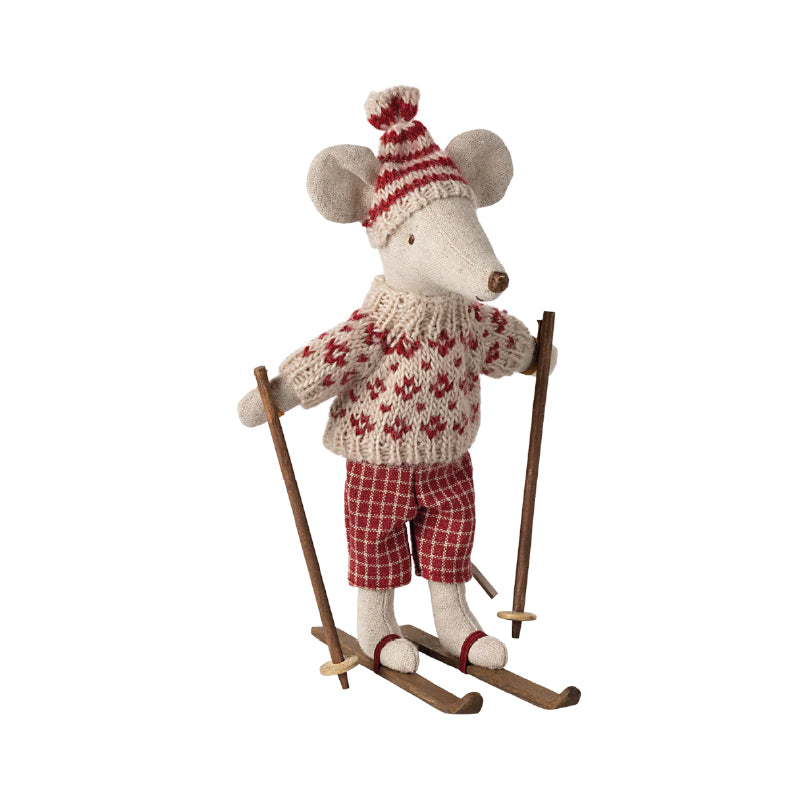 Winter Mom Mouse with Maileg Red Sweater and Skis