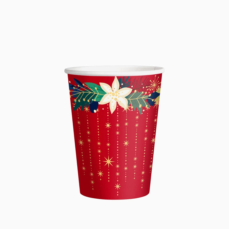 vasos-papel-navideno-rojo-flores-doradas-rojo-papel-sarao