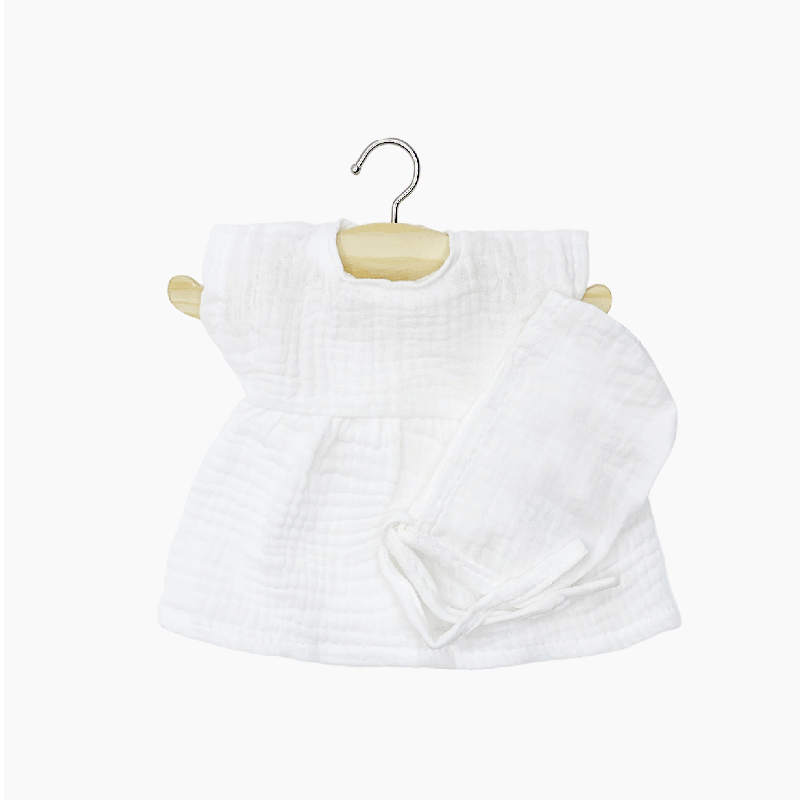 Vestido branco de algodão com touca para boneca Minikane Baby