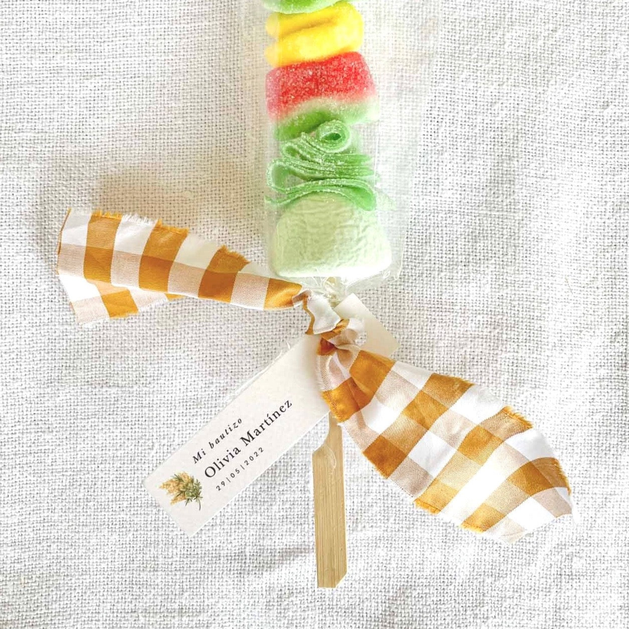 Personalized candy skewer mustard gingham fabric / 6 units.