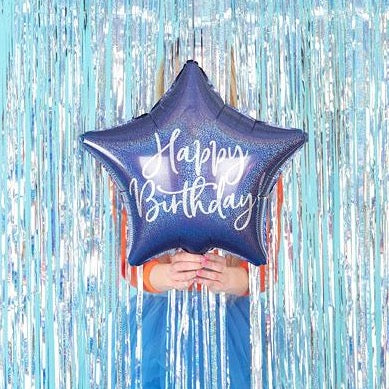 Happy Birthday iridescent blue star foil balloon