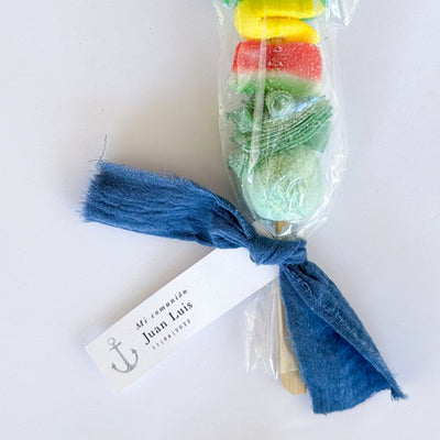 Espetinho de doces personalizado em tecido bambula azul / 6 unid.