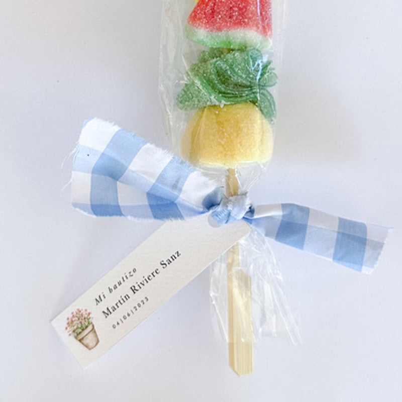 Personalized candy skewer in light blue vichy fabric / 6 units.