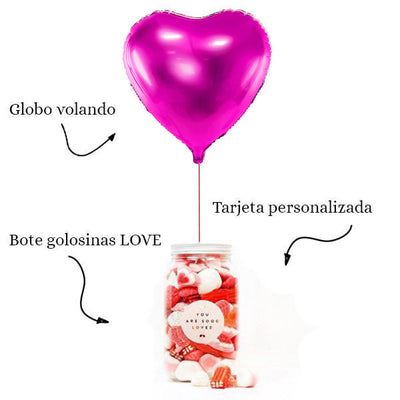 WOW BOX Fuchsia heart balloon, personalized message and LOVE candy jar