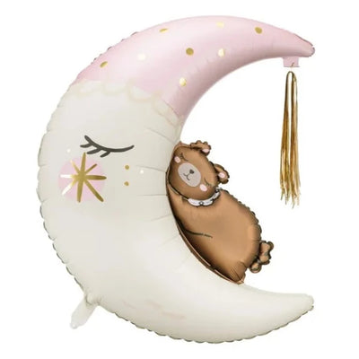 Moon and bear foil balloon with pink tassel