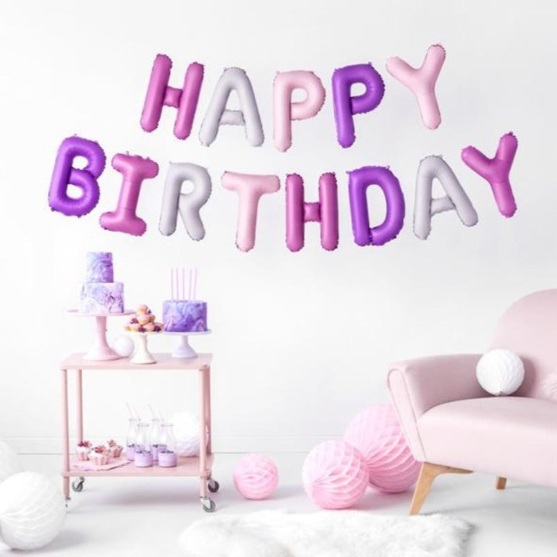 Balões Happy Birthday rosa