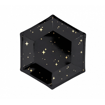 Black hexagonal plate with gold stars / 6 pcs.